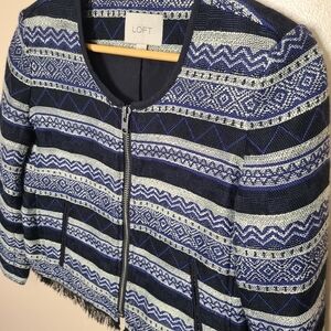 LOFT Striped Tweed Cropped Fringe Blazer